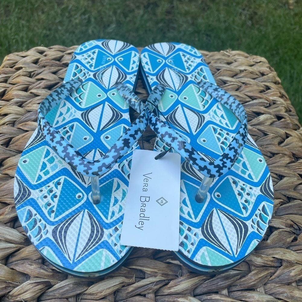 New Vera Bradley Blue Aqua Go Fish Flip Flop Thong Toe Beach & Pool Sandals